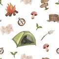 Hand drawn camping seamless pattern with watercolor elements. Camp bonfire, vintage lantern, photo camera, roasted marshmallow, Royalty Free Stock Photo