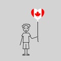 hand drawn canadian boy, love Canada sketch, male character with a heart shaped balloon, black line vector illustration