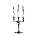 Hand drawn candelabra candle holder sketch illustration. Vector black ink drawing isolated on white background. Grunge style Royalty Free Stock Photo