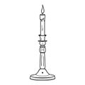 Hand drawn candelabrum with burning candle and stars in line art. Vintage candlestick icon, antique style, boho. Vector doodle