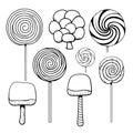 Hand drawn candy collection. Doodle sketch style. Set of various elements doodles.