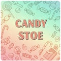 Hand-drawn candy illustrations border the image, featuring Royalty Free Stock Photo