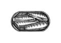 Hand drawn canned fish illustration. Mackerel in olive oil vector drawing isolated on white background. Tinned fish food sketch. Royalty Free Stock Photo
