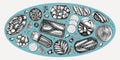Hand drawn canned fish illustrations collection. Sardines, anchovy, mackerel, tuna, mussels in tin cans, fish canapes, olives, Royalty Free Stock Photo