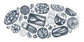 Hand drawn canned fish illustrations collection. Sardines, anchovy, mackerel, tuna, mussels in tin cans, fish canapes, olives,