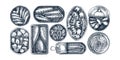 Hand drawn canned fish illustrations collection. Sardines, anchovy, mackerel, tuna, mussels in tin cans, fish canapes, olives,