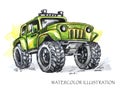 Hand drawn card with big car. Watercolor multicolor illustration. Active crazy sport. Transport. Royalty Free Stock Photo