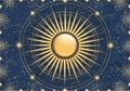 Hand drawn card of 3d golden Sun, sunburst, light rays, stars. Constellation celestial space. Zodiac horoscope symbol, star Royalty Free Stock Photo