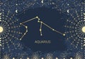 Hand drawn card of golden Aquarius, Sun, Moon, star. Constellation celestial space. Zodiac horoscope symbol, star astrology, Royalty Free Stock Photo