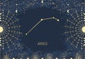 Hand drawn card of golden Aries, Sun, Moon, star. Constellation celestial space. Zodiac horoscope symbol, star astrology, Royalty Free Stock Photo