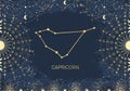 Hand drawn card of golden Capricorn, Sun, Moon, star. Constellation celestial space. Zodiac horoscope symbol, star astrology, Royalty Free Stock Photo