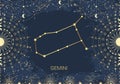 Hand drawn card of golden Gemini, Sun, Moon, star. Constellation celestial space. Zodiac horoscope symbol, star astrology, Royalty Free Stock Photo