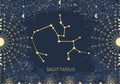Hand drawn card of golden Sagittarius, Sun, Moon, star. Constellation celestial space. Zodiac horoscope symbol, star astrology, Royalty Free Stock Photo