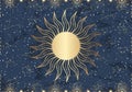 Hand drawn card of golden Sun, sunburst, light rays, stars. Constellation celestial space. Zodiac horoscope symbol, star astrology Royalty Free Stock Photo