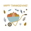 Hand drawn card with pumpkins in wheelbarrow, autumn leaves and lettering Happy Thanksgiving. Royalty Free Stock Photo