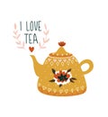 Hand drawn card with teapot and stylish lettering -`I love tea`. Scandinavian style vector illustration.