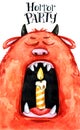 Hand drawn card. Watercolor head of a monster with candle in the mouth. Celebration illustration. Cartoon horror party