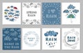 Hand drawn cards with inscriptions with umbrellas, drops, clouds