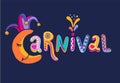 Vector Carnival Lettering logotype badge, crescent, hat. Masquerade poster, greeting card, Festive Carnaval party Banner Royalty Free Stock Photo