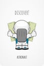 Hand drawn cartoon astronaut in spacesuit back view. Line art cosmic vector illustration cosmonaut look at the map