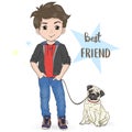 Hand drawn cartoon boy with dog pug.