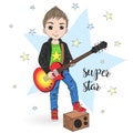 Hand drawn cartoon boy with guitar. Vector Royalty Free Stock Photo