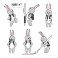 Hand drawn cartoon bunny with backpack in school. Set of vector bunnies. Cute scketch character design in funny poses. Gray Rabbit