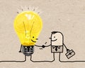 Cartoon Businessman Shaking Hands with Funny Light Bulb character