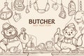 Hand drawn butchery background with butchers cutting meat Royalty Free Stock Photo