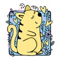 Hand drawn cartoon cat illustration. Cute and playful kitten with plants, hearts and design elements.
