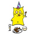 Hand-drawn cartoon cat relax dining party