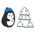 Hand drawn cartoon cute dressed penguin with Christmas tree