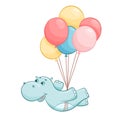 Hand drawn cartoon cute hippo flying on balloons vector illustration. Hippopotamus isolated on white. Cute baby Royalty Free Stock Photo