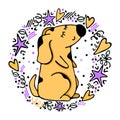 Hand drawn cartoon dog vector colour illustration. Cute and funny dog in the frame of plants, hearts and stars. Cartoon style draw