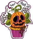 Hand drawn cartoon doodle of cupcake Halloween pumpkin