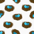 Hand drawn cartoon doodle of a robins egg nest in a seamless background repeating pattern