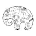 Hand drawn cartoon elephant for adult anti stress colouring page. Pattern for coloring book. Royalty Free Stock Photo