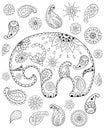 Hand drawn cartoon elephant, mandalas, paisleys, flowers and leaves for adult anti stress colouring page. Royalty Free Stock Photo