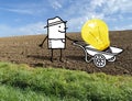 Cartoon Farmer in a field with big Yellow light bulb in a Wheelbarrow