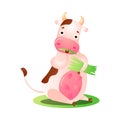 Funny pink cow animal eating grass vector illustration