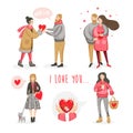 Hand drawn cartoon Happy Valentines day illustrations card with couples people together. In love. Vector EPS10.