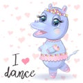 hand drawn cartoon hippo dancing ballet in a tutu. dancing animals.Children\'s illustration