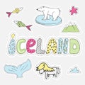 Hand drawn cartoon Iceland set illustration label in patch style. Embroidery, sticker or pin