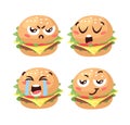 Hand Drawn Cartoon Illustration Burger Emoji. Fast Food Vector Drawing Humburger Emoticon. Tasty Image Meal. Flat Style Collection