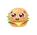 Hand Drawn Cartoon Illustration Burger Emoji. Fast Food Vector Drawing Humburger Emoticon. Tasty Image Meal. Flat Style Collection