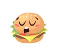 Hand Drawn Cartoon Illustration Burger Emoji. Fast Food Vector Drawing Humburger Emoticon. Tasty Image Meal. Flat Style Collection