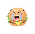 Hand Drawn Cartoon Illustration Burger Emoji. Fast Food Vector Drawing Humburger Emoticon. Tasty Image Meal. Flat Style Collection