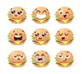 Hand Drawn Cartoon Illustration Burger Emoji. Fast Food Vector Drawing Humburger Emoticon. Tasty Image Meal. Flat Style Collection