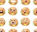 Hand Drawn Cartoon Illustration Burger Emoji. Fast Food Vector Drawing Humburger Emoticon. Tasty Image Meal. Flat Style Collection