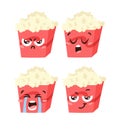 Hand Drawn Cartoon Illustration Pop Corn Emoji.  Food Vector Drawing Sweet Emoticon. Tasty Image Meal. Flat Style Vegan Collection Royalty Free Stock Photo